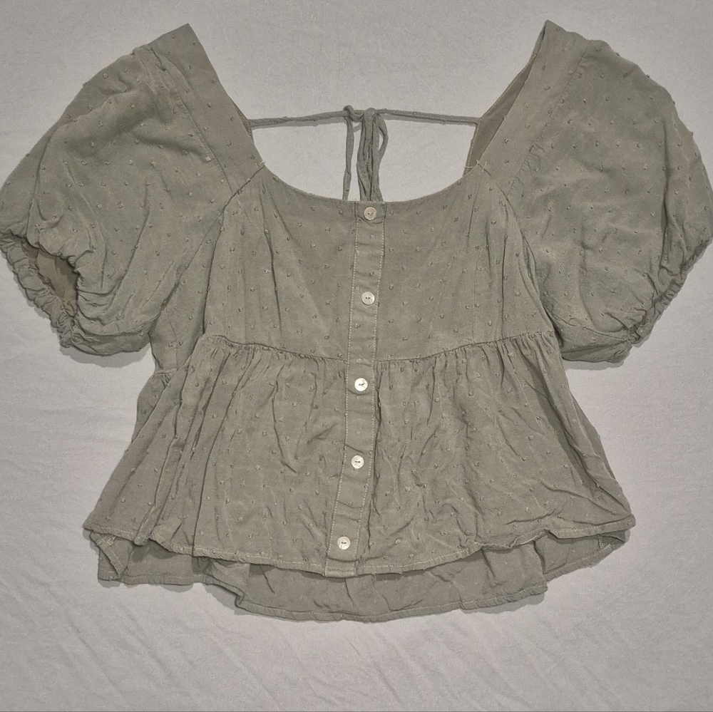 Hem & Thread Sage Swiss Dot Puff Sleeve Babydoll Top Large Boho Cottagecore